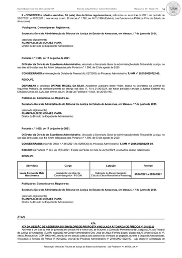 TOMADA DE PREÇOS Nº 001/2020 - ATA DA SESSÃO 21/06/2021 - ABERTURA ENVELOPE DE PROPOSTA - DJE