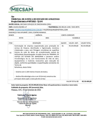 PREGÃO ELETRÔNICO Nº 007/2022 - PROPOSTA - MECSAM
