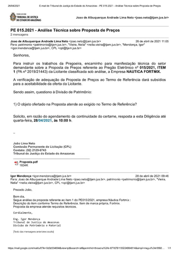 PREGÃO ELETRÔNICO Nº 015/2021 - DILIGÊNCIA CPL À DIVISÃO DE PATRIMÔNIO - PROPOSTA - ITEM 1 - NÀUTICA FORTMIX
