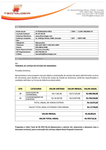 PREGÃO ELETRÔNICO Nº 029/2020 - PROPOSTA RETIFICADA 2 - JF TECNOLOGIA