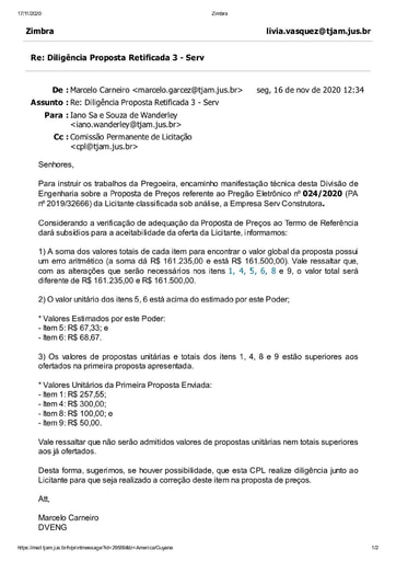 PREGÃO ELETRÔNICO Nº 024/2020 - DILIGÊNCIA CPL À DIVISÃO DE ENGENHARIA - PROPOSTA RETIFICADA 3 - SERV CONSTRUTORA