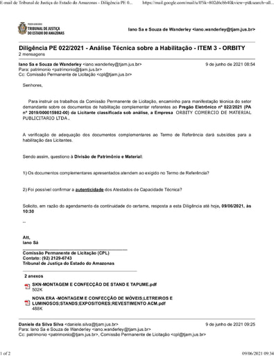 PREGÃO ELETRÔNICO Nº 022/2021 – DILIGÊNCIA CPL À DIVISÃO DE PATRIMÔNIO - DOCUMENTOS COMPLEMENTARES - ITEM 3 - ORBITY