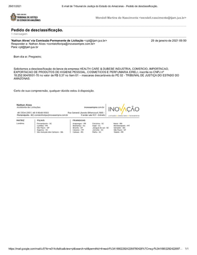 PREGÃO ELETRÔNICO Nº 002/2021 - PEDIDO DE DESCLASSIFICAÇÃO - HEALTH CARE - ITEM 1