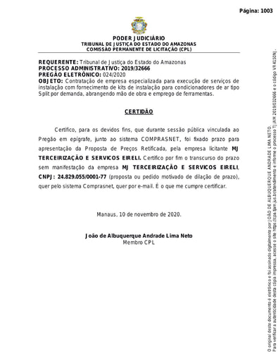 PREGÃO ELETRÔNICO Nº 024/2020 - CERTIDÃO DECURSO DE PRAZO - MJ TERCEIRIZAÇÃO