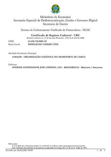 PREGÃO ELETRÔNICO Nº 001/2021 - HABILITAÇÃO - SICAF E CNDT - NAVEGAÇÃO CIDADE