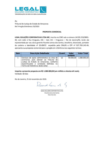 PREGÃO ELETRÔNICO Nº 029/2020 - PROPOSTA - LEGAL SOLUÇÕES
