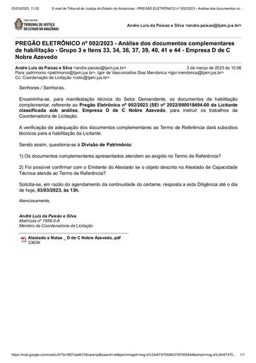 PREGÃO ELETRÔNICO Nº 002/2023 - DILIGÊNCIA COLIC À DVPM - HABILITAÇÃO - GRUPO 3 E ITENS 33, 34, 36, 37, 39, 40, 41 e 44 - D DE C NOBRE AZEVEDO