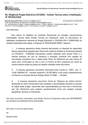 PREGÃO ELETRÔNICO Nº 031/2020 - DILIGÊNCIA CPL À DIVISÃO DE ENGENHARIA - DOCUMENTAÇÃO - JF TECNOLOGIA