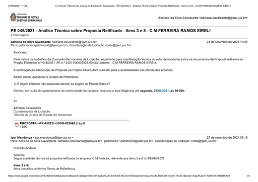 PREGÃO ELETRÔNICO Nº 045/2021 – DILIGÊNCIA COLIC À DIVISÃO DE PATRIMÔNIO - PROPOSTA RETIFICADA ITENS 3 E 8- CM FERREIRA
