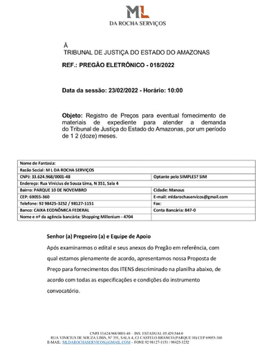 PREGÃO ELETRÔNICO Nº 018/2022 - PROPOSTA - GRUPO 1 - M L DA ROCHA