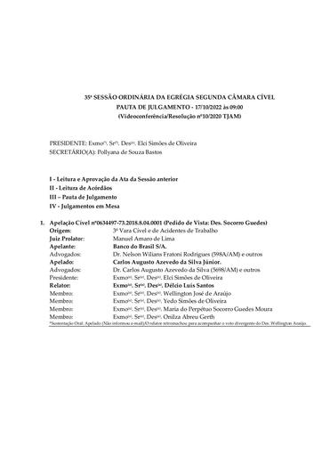 Pauta de Julgamento da Sessão Ordinária da Egrégia Segunda Câmara Cível - 17.10.2022 (Videoconferência)