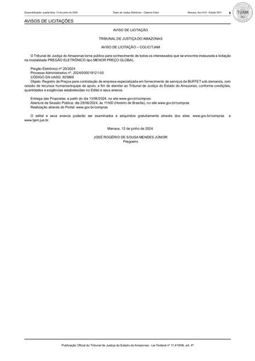 PREGÃO ELETRÔNICO Nº 020/2024 - AVISO DE LICITAÇÃO (DJE)