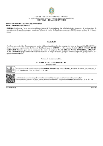 PREGÃO ELETRÔNICO Nº 46/2021 - CERTIDÃO DECURSO DE PRAZO - GRUPO 1 - JULIO CESAR