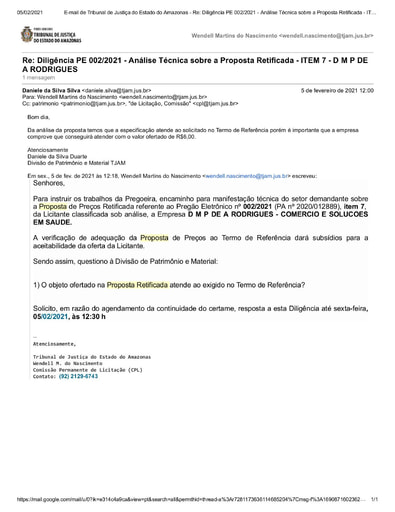 PREGÃO ELETRÔNICO Nº 002/2021 – DILIGÊNCIA CPL À DIVISÃO DE PATRIMÔNIO E MATERIAL - PROPOSTA RETIFICADA  - ITEM 7 - D M P DE A RODRIGUES
