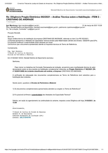 PREGÃO ELETRÔNICO Nº 002/20201 – DILIGÊNCIA CPL À DIVISÃO DE PATRIMÔNIO E MATERIAL - DOCUMENTAÇÃO - ITEM 2 - CRISTIANO