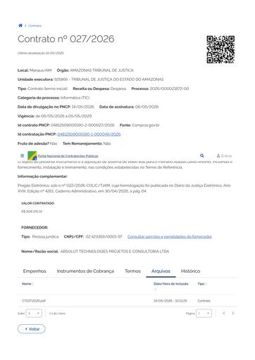 PUBLICAÇÃO NO PNCP DO CONTRATO ADMINISTRATIVO Nº 027/2026 - FUNJEAM X ABSOLUT TECHNOLOGIES PROJETOS E CONSULTORIA LTDA