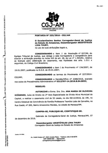 Portaria nº233/2016-CGJ/AM (Autoriza a Dra. Ana Maria de Oliveira Diógenes a realizar o casamento civil de 52 casais no dia 09/12/2016)