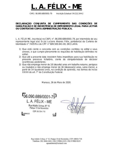 PREGÃO ELETRÔNICO Nº 009/2020 – HABILITAÇÃO - DOC. COMPLEMENTAR - L A FELIX