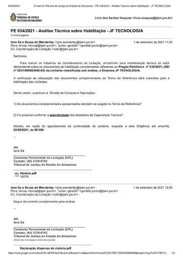 PREGÃO ELETRÔNICO Nº 034/2021 – DILIGÊNCIA CPL À DIVISÃO DE COMPRAS - DOCUMENTAÇÃO - JF TECNOLOGIA