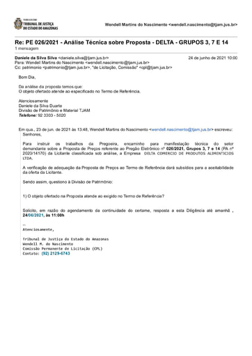 PREGÃO ELETRÔNICO Nº 026/2021 - DILIGÊNCIA CPL À DIVISÃO DE PATRIMÔNIO - PROPOSTA - GRUPOS 3, 7 E 14 - DELTA