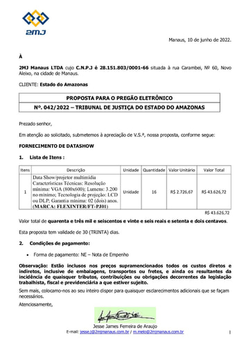 PREGÃO ELETRÔNICO Nº 042/2022 - PROPOSTA E CATÁLOGO - 2MJ MANAUS