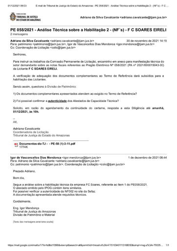 PREGÃO ELETRÔNICO Nº 58/2021 - DILIGÊNCIA COLIC À DIVISÃO DE PATRIMÔNIO 2 - HABILITAÇÃO - F C SOARES