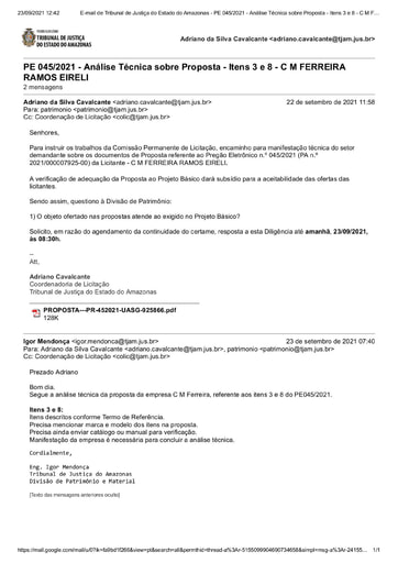 PREGÃO ELETRÔNICO Nº 045/2021 – DILIGÊNCIA COLIC À DIVISÃO DE PATRIMÔNIO - PROPOSTA ITENS 3 E 8- CM FERREIRA