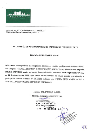 TOMADA DE PREÇOS Nº 005/2021 - DECLARAÇÕES - JOSÉ DE SOUSA