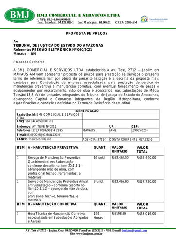 PREGÃO ELETRÔNICO Nº 60/2021 - PROPOSTA RETIFICADA - B.M.J COMERCIAL