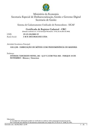 PREGÃO ELETRÔNICO Nº 010/2023 - HABILITAÇÃO - SICAF E CNDT - SMR DECORAÇÕES - GRUPO 7