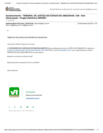 PREGÃO ELETRÔNICO Nº 009/2021 - PEDIDO DE ESCLARECIMENTO - VR BENEFÍCIOS