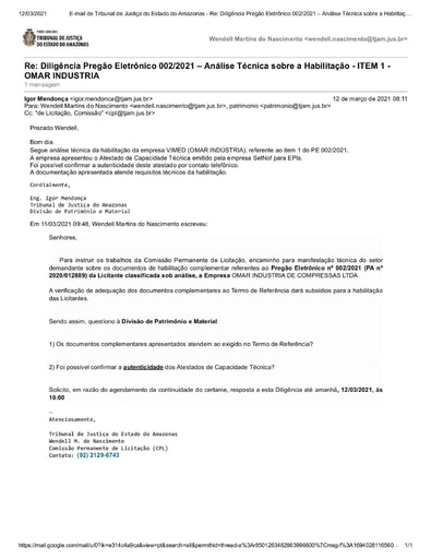 PREGÃO ELETRÔNICO Nº 002/20201 – DILIGÊNCIA CPL À DIVISÃO DE PATRIMÔNIO E MATERIAL - DOCUMENTAÇÃO - ITEM 1 - VIMED INDUSTRIA