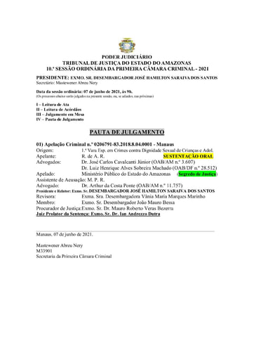 Pauta de Julgamento da Primeira Câmara Criminal, Sessão do dia 07/06/2021, 9h.
