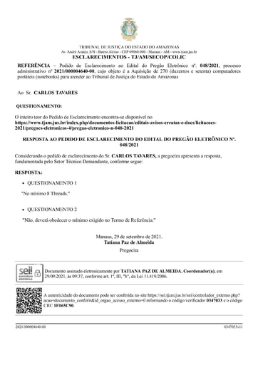 PREGÃO ELETRÔNICO Nº 48/2021 - RESPOSTA AO PEDIDO DE ESCLARECIMENTO - CARLOS TAVARES