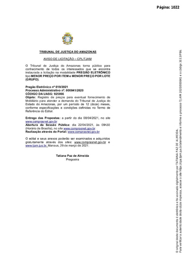 PREGÃO ELETRÔNICO Nº 019/2021 - AVISO DE LICITAÇÃO