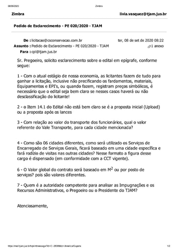 PREGÃO ELETRÔNICO Nº 020/2020 - PEDIDO DE ESCLARECIMENTO - C S CONSTRUÇÃO