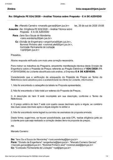 PREGÃO ELETRÔNICO Nº 024/2020 - DILIGÊNCIA CPL À DIVISÃO DE ENGENHARIA - PROPOSTA - E A DE AZEVEDO
