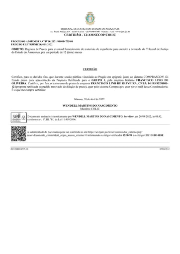 PREGÃO ELETRÔNICO Nº 018/2022 - CERTIDÃO DE DECURSO DE PRAZO - GRUPO 1 - FRANCISCO LINO