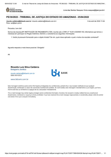 PREGÃO ELETRÔNICO Nº 036/2022 - PEDIDO DE ESCLARECIMENTO - BF INSTITUIÇÃO