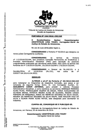 Portaria nº226/2016-CGJ/AM (Altera o art. 2º da Portaria nº 40/2016-CGJ/AM para redesignar os integrantes da Comissão)