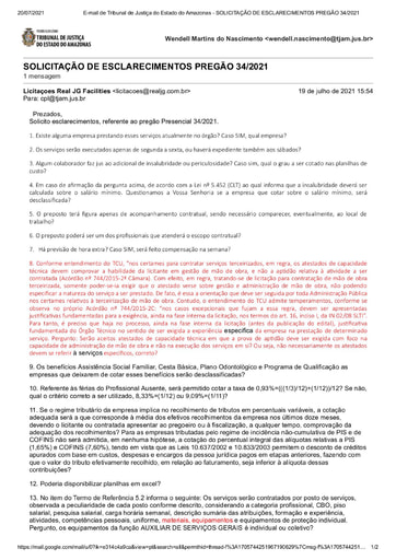 PREGÃO ELETRÔNICO Nº 034/2021 - PEDIDO DE ESCLARECIMENTO - REAL JG