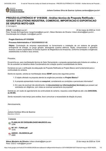 PREGÃO ELETRÔNICO Nº 019/2026 - DILIGÊNCIA COLIC À SEINF - PROPOSTA RETIFICADA - GENSET SOLUTIONS INDUSTRIA, COMERCIO, IMPORTACAO E EXPORTACAO DE GRUPOS MOTO-GER