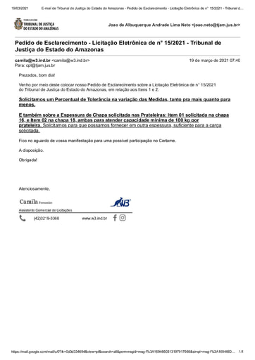 PREGÃO ELETRÔNICO Nº 015/2021 – PEDIDO DE ESCLARECIMENTO - W3