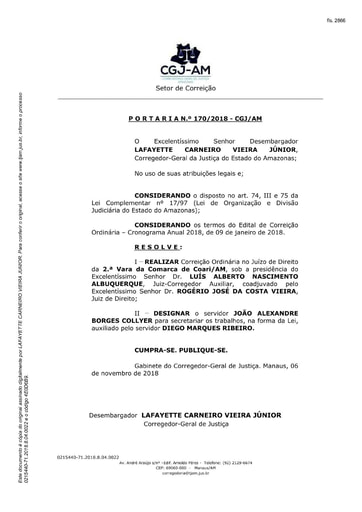 Portaria nº170/2018-CGJ/AM (Realiza Correição Ordinária na 2ª Vara da Comarca de Coari/AM)