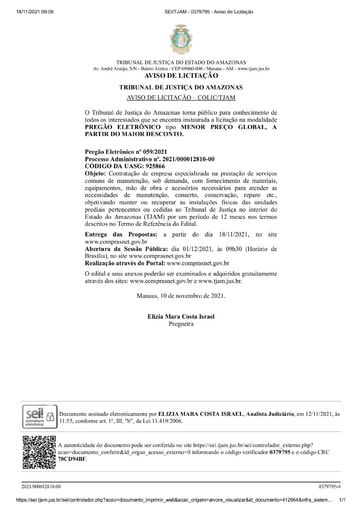 PREGÃO ELETRÔNICO Nº 59/2021 - AVISO DE LICITAÇÃO
