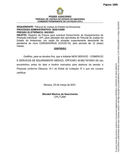 PREGÃO ELETRÔNICO Nº 002/2021 – CERTIDÃO - ITEM 2 - NEW SERVICE