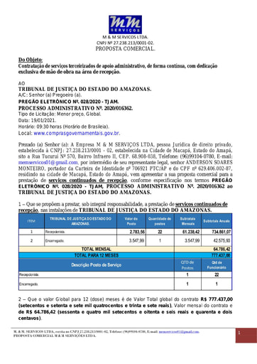 PREGÃO ELETRÔNICO Nº 028/2020 - PROPOSTA - M & M SERVIÇOS