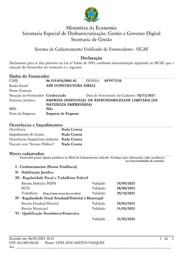 TOMADA DE PREÇOS Nº 001/2021 - SICAF E CNDT - APB