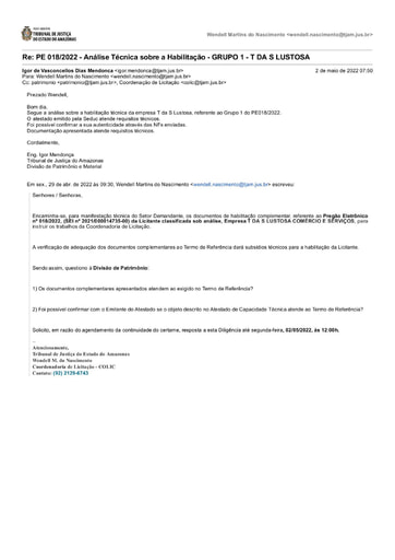 PREGÃO ELETRÔNICO Nº 018/2022 - DILIGÊNCIA 2 COLIC À DIVISÃO DE PATRIMÔNIO- DOCUMENTAÇÃO - GRUPO 1 - T DA S LUSTOSA