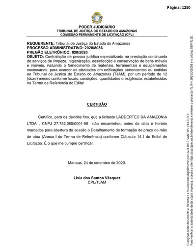 PREGÃO ELETRÔNICO Nº 020/2020 - CERTIDÃO - LADDERTEC